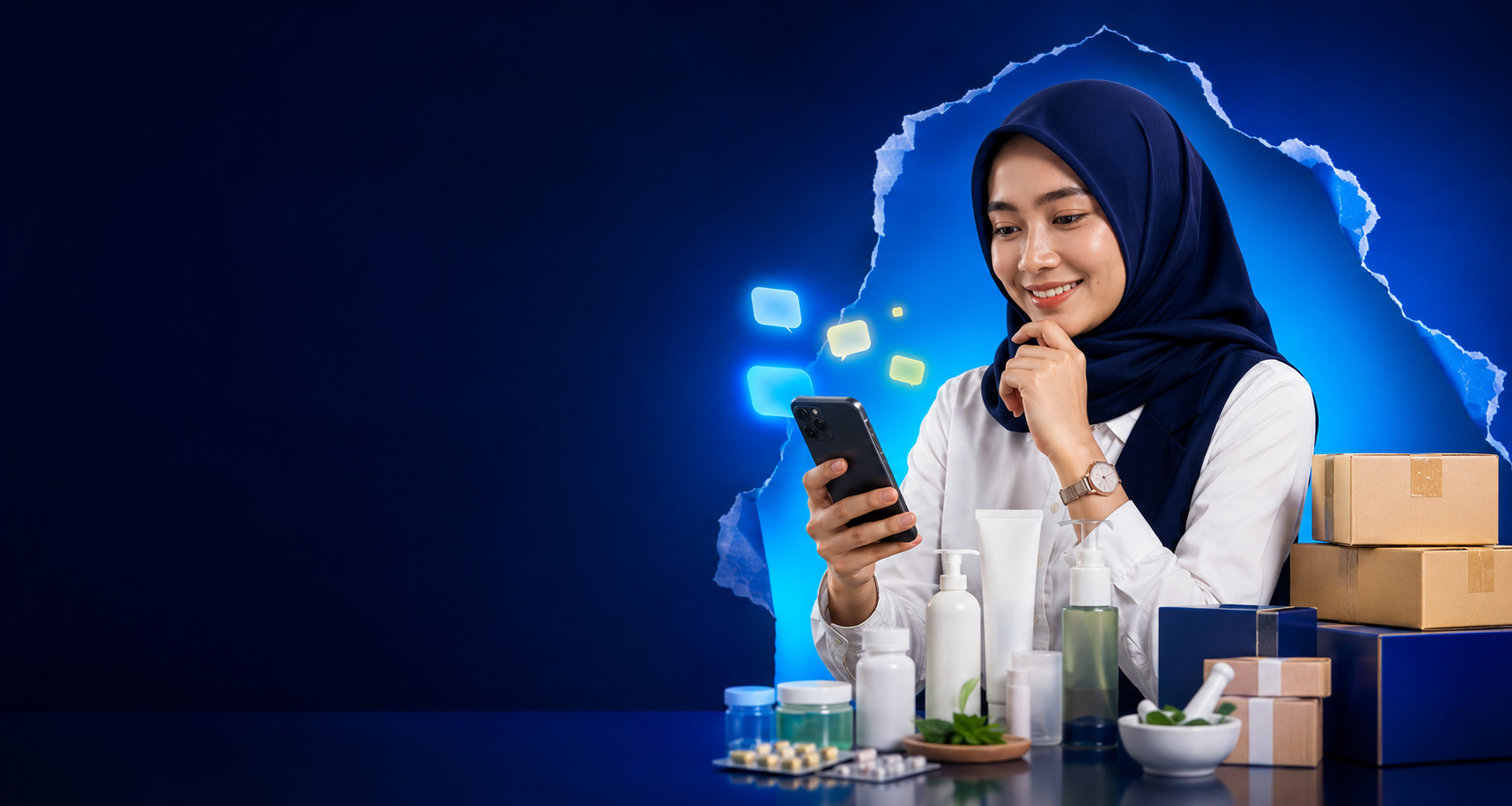 Pebisnis online berhijab mengelola order produk skincare dan kesehatan